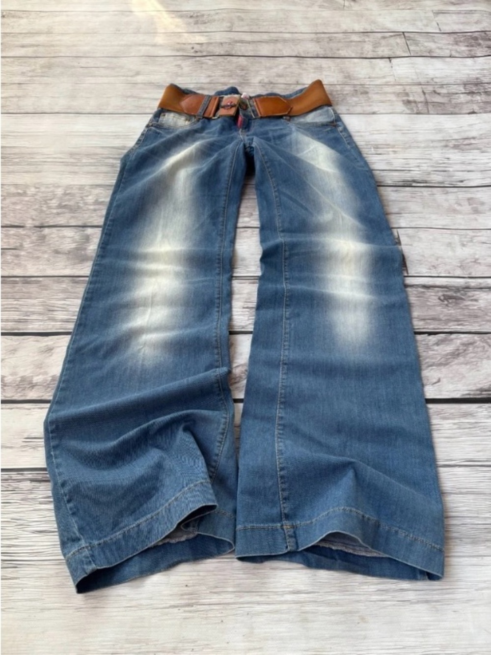 Rare DSQUARED Woman’s Faded Blue Bootcut Jeans with Brown Belt Accent